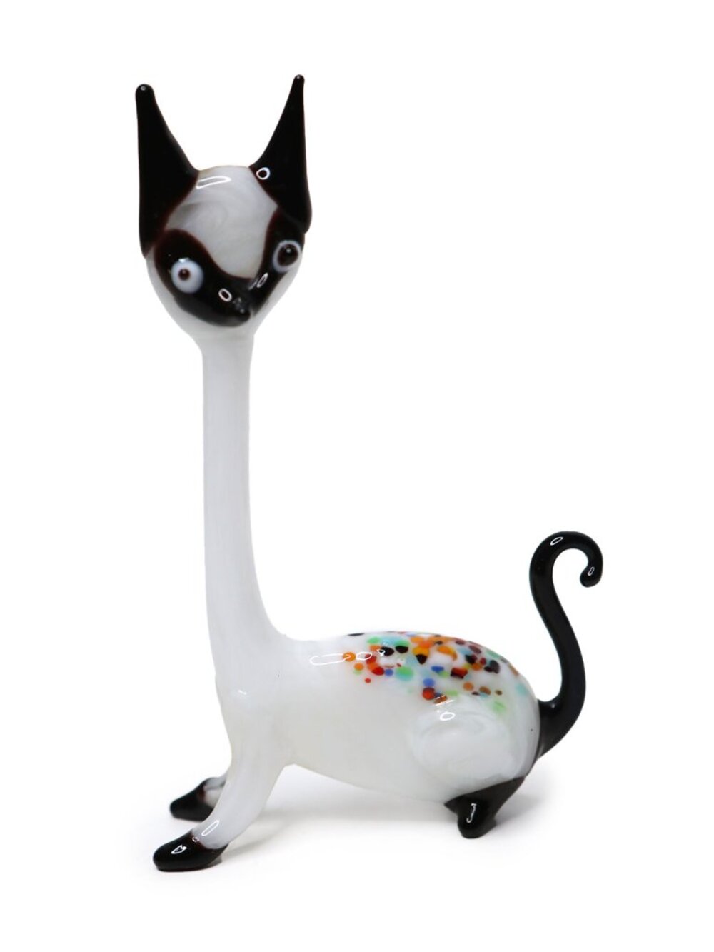 Vintage Murano Style Millefiori Glass Cat Figurine - Long Neck Siamese Black Whi